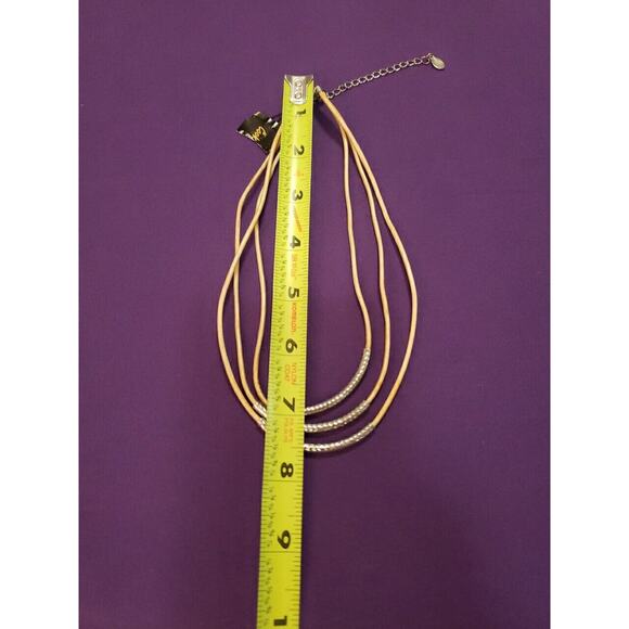 Cookie Lee Signed Layered Necklace Coated Tan Cord Silver Tone Curved Bars - Picture 7 of 8